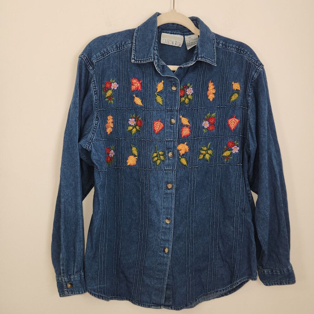 VTG Women's Embroidered Fall Denim Shirt Autumn Medium